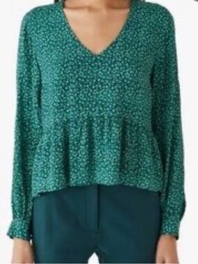 Frank and Oak Emerald Green V-Neck Peplum Long-Sleeve Top